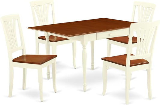 East West Furniture MZAV5-WHI-W 5 Piece Kitchen Table & Chairs Set Includes a Rectangle Dining Room Table with Dropleaf and 4 Dining Chairs, 36x54 Inch, Buttermilk & Cherry
