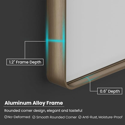 Bronze Bathroom Mirror 55x30 Inch, Brushed Bronze Metal Frame Mirror for Wall, Rounded Rectangle Bathroom Vanity Mirror with Tempered Glass, Anti-Rust, Horizontal/Vertical