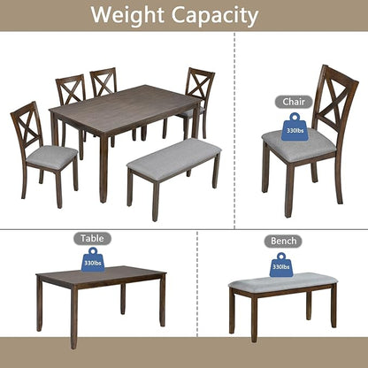 KEIKI 6-Piece Standard Height Dining Table Set with Rectangular Table, 4 Upholstered X-Shaped Backrset Chair, Bench, for 6 Person, Modern Table Set, Easy Assembly, for Kitchen, Dining Room, Walnut