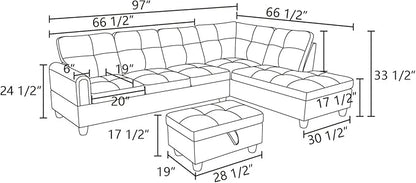 L-Shaped Sectional Sofa with Ottoman, Right-Facing Modern Microfiber Couch for Living Room, Bedroom, Office, Dark-Blue