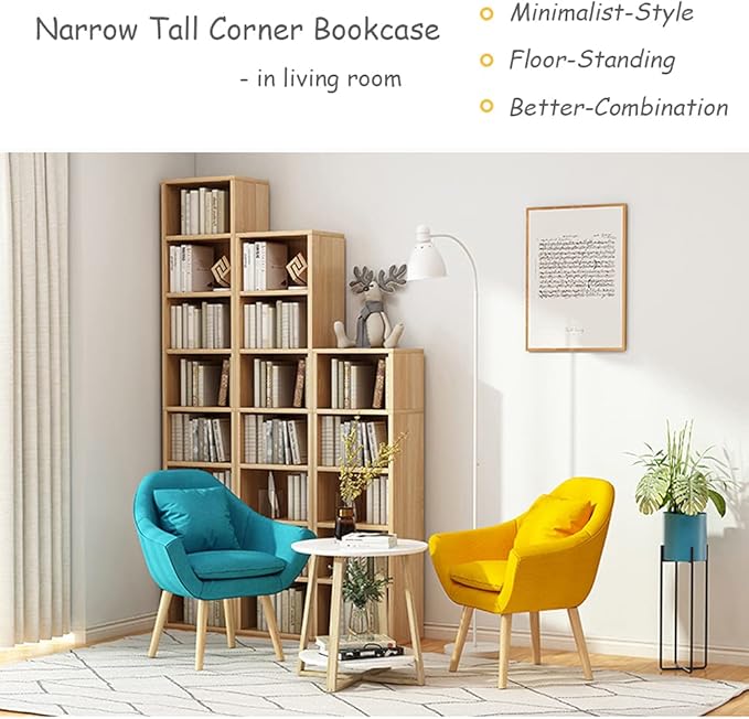 IOTXY Small Narrow Corner Bookcase - 71 Inches Tall Gap Freestanding Storage Cabinet, 8 Lattices Open Shelves Tower Rack, Cubes Bookshelf in Oak