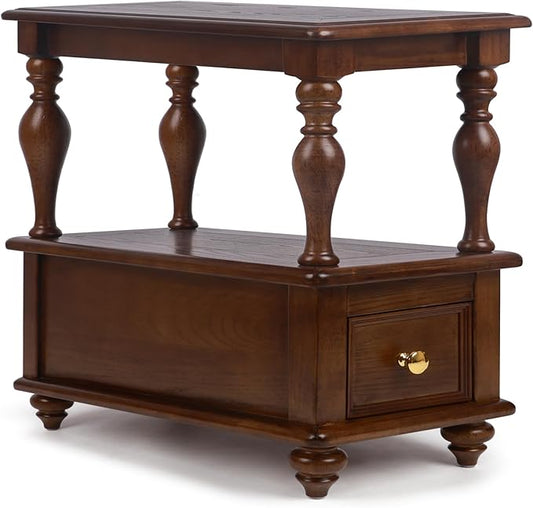 Narrow End Table with 1 Drawer and 2 Hidden Compartments for Living Room, 2-Tier Skinny Couch Side Table with Storage Shelves for Small Spaces, Solid Wood Slim Nightstand for Bedroom, Walnut