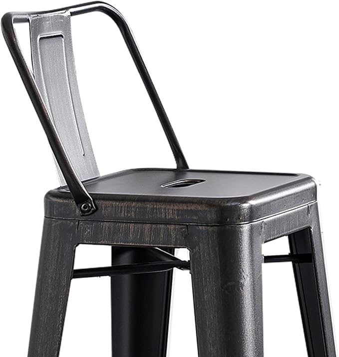 AC Pacific 30” Metal Barstool Set of 4 – Country Rustic Style with Low Back, Lightweight & Sturdy Build, Easy Assembly – Distressed Black