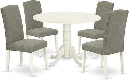East West Furniture DLEN5-LWH-06 5 Piece Kitchen Table & Chairs Set Includes a Round Dining Table with Dropleaf and 4 Dark Shitake Linen Fabric Upholstered Chairs, 42x42 Inch, Linen White