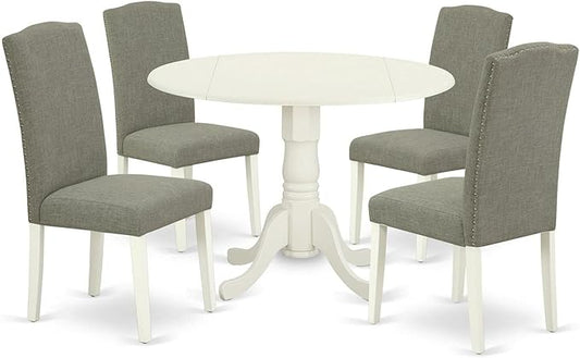 East West Furniture DLEN5-LWH-06 5 Piece Kitchen Table & Chairs Set Includes a Round Dining Table with Dropleaf and 4 Dark Shitake Linen Fabric Upholstered Chairs, 42x42 Inch, Linen White