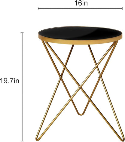 HLR Modern Round Side Table Set of 2, End Table with Marble Effect Top and Gold Metal Frame, Small Side Table for Living Room, Bedroom, Sofa and Couch, Gold Legs, Black Glass top