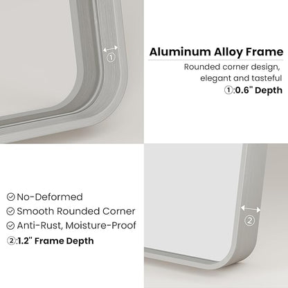 Brushed Nickel Bathroom Mirror, 22x30 Inch Thick Silver Metal Rectangle Frame Wall Mirror, Modern Round Corner Bathroom Vanity Mirror for Over Sink, Bedroom, Living Room, Entryway