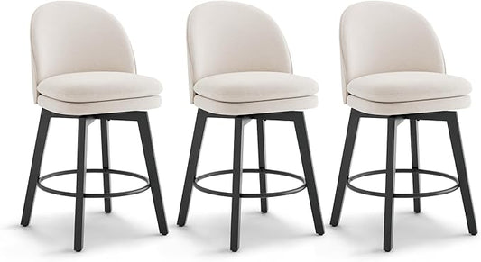 Counter Height Barstools 26 inch Upholstered Swivel Bar Stools with Back and Wood Legs for Kitchen Island,Set of 3,Beige Fabric-Armless