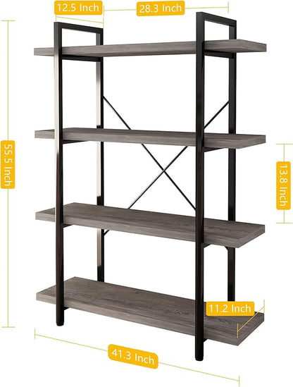 45MinST 4-Tier Vintage Industrial Style Bookcase/Metal and Wood Bookshelf Furniture for Collection, Gray Oak, 3/4/5 Tier (4-Tier)