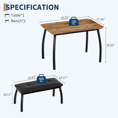 3 Piece Farmhouse Dining Table Set for 4, Compact Rustic Kitchen Table with 2 Padded Benches, Space Saving Breakfast Nook Furniture Set for Small Spaces, Apartments, Vintage