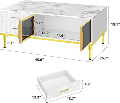 GAOMON Coffee Table for Living Room, Faux Marble Coffee Table with 4 Drawers and Glass Doors Storage, Modern Aesthetic Fluted Panel Design, White & Gold