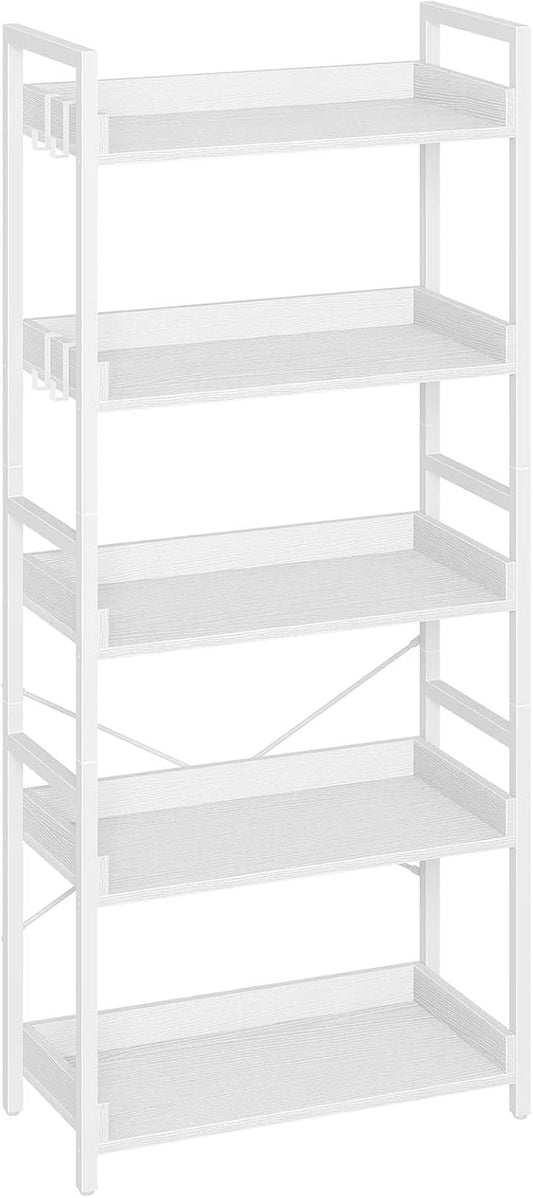 Rolanstar Bookshelf 5 Tier with 4 Hooks, Industrial Bookcase, Vintage Storage Rack with Open Shelves, Rustic Standing Bookshelves Metal Frame Display Rack for Living Room, Bedroom, White
