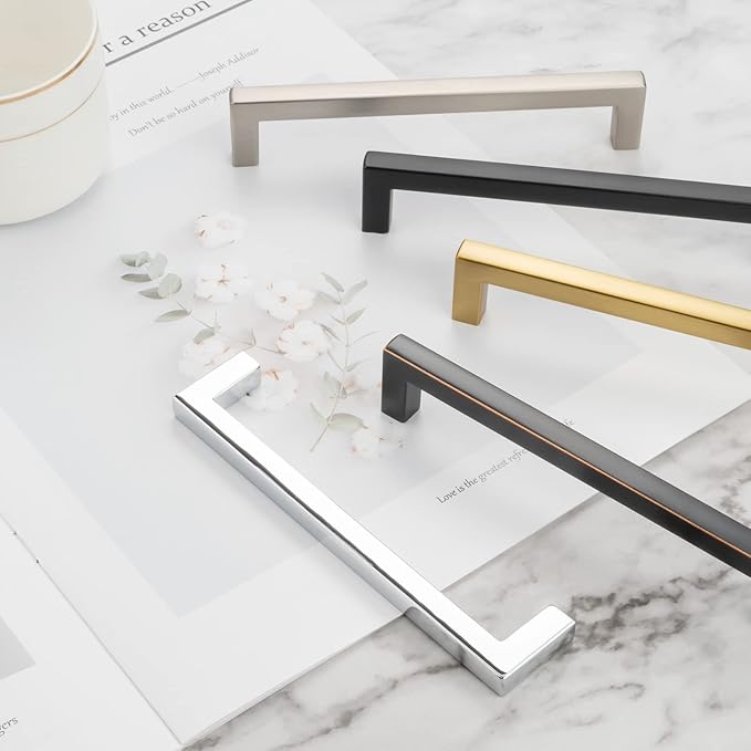 KOOFIZO Solid Square Bar Cabinet Handle - Brushed Gold Furniture Pull, 10 Inch/256mm Screwhole Distance, 1-Piece for Kitchen Cupboard Door, Bedroom Dresser Drawer, Bathroom Wardrobe Hardware