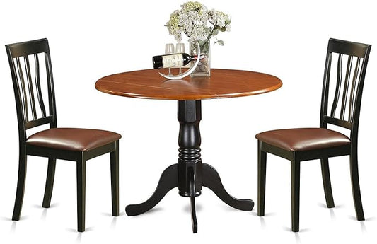 East West Furniture DLAN3-BCH-LC 3 Piece Kitchen Table Set for Small Spaces Contains a Round Dining Room Table with Dropleaf and 2 Faux Leather Upholstered Chairs, 42x42 Inch, Black & Cherry