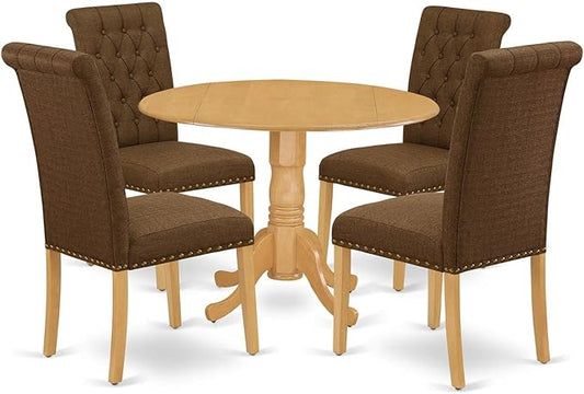 East West Furniture DLBR5-OAK-18 5 Piece Dining Room Table Set Includes a Round Dining Table with Dropleaf and 4 Brown Linen Linen Fabric Upholstered Parson Chairs, 42x42 Inch, Oak