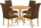 East West Furniture DLBR5-OAK-18 5 Piece Dining Room Table Set Includes a Round Dining Table with Dropleaf and 4 Brown Linen Linen Fabric Upholstered Parson Chairs, 42x42 Inch, Oak
