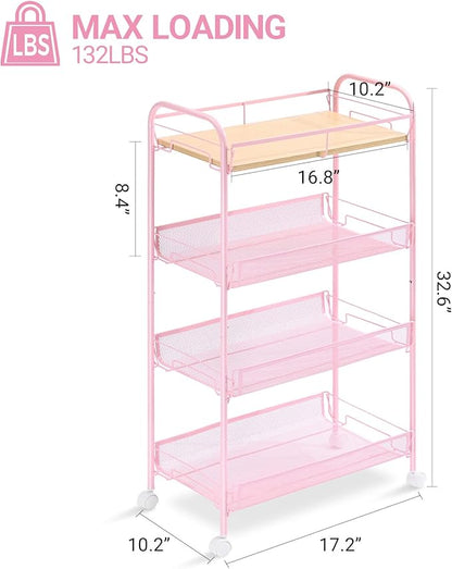 KINGRACK 4-Tier Metal Rolling Utility Cart, Pink, Flexible, Sturdy, Easy Assembly, Anti-Rust, Waterproof, Scratch-Resistant, Breathable Mesh Basket, Ideal for Home Storage
