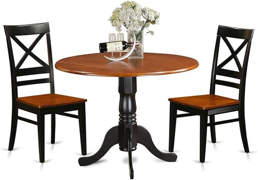 East West Furniture DLQU3-BCH-W 3 Piece Dining Set Contains a Round Dining Table with Dropleaf and 2 Kitchen Chairs, 42x42 Inch, Black & Cherry