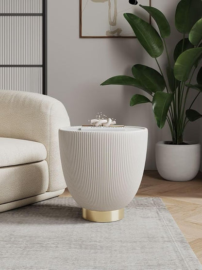 Manhattan Comfort Anderson Modern 18" Round End Table 2.0 | Ceramic Marble Tabletop, Elegant Pleated Leatherette Design & Gold Stainless Steel Base, Fully Assembled Accent Furniture, Set of 1, Cream