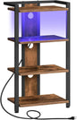HOOBRO 4-Tier AV Media Stand, Media Console with Charging Station and LED Light, Wooden Stereo Cabinet, Corner TV Stand, Record Player, Entertainment Device Stand, Rustic Brown and Black BF38UDCJ01