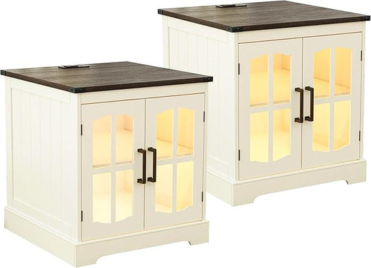 ChooChoo Farmhouse End Table Set of 2, 24" Large Sofa Side Table with Charging Station & LED Light, Nightstand with Adjustable Storage Shelf for Living Room Beige (Cream Mix with White)