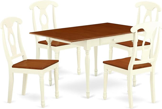 East West Furniture MZKE5-WHI-W 5 Piece Dining Set Includes a Rectangle Dining Room Table with Dropleaf and 4 Wood Seat Chairs, 36x54 Inch, Buttermilk & Cherry