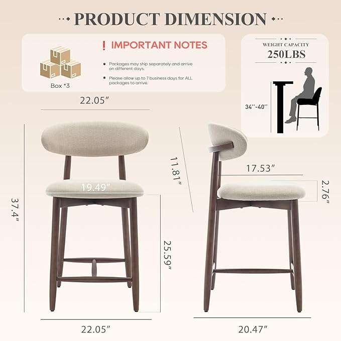 COLAMY Counter Height Bar Stools Set of 6, Kitchen Bar Stools with Back, Mid Century Modern Upholstered Stools, with Wood Legs for Kitchen Island Dining Room, Beige