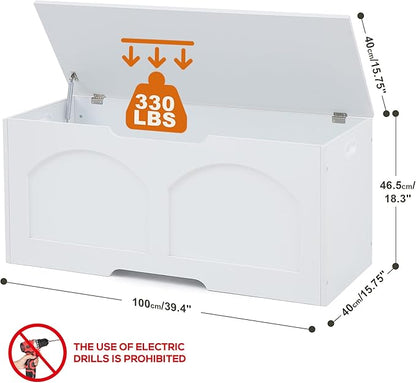39.4" Storage Chest, Wooden Storage Bench, Storage Trunk, Chest with Lift Top, Large Box Entryway Bench, Supports 330 lb U-Shaped Opening for Entryway, Hallway, Living Room, Ivory White