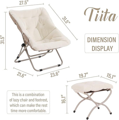 Tiita Folded Chair with Ottoman, Soft Faux Fur Oversized Folding Accent Chair,Lounge Lazy Chair, Metal Frame Moon Chair for Bedroom, Living Room, Dorm Rooms, Garden and Courtyard