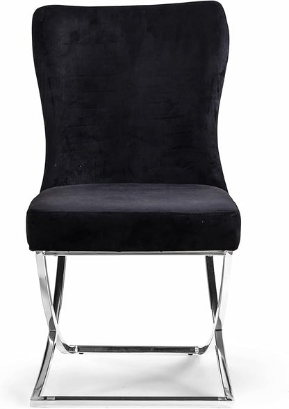 Ottomanson Royal Dining Chairs Set of 2 – Upholstered Tufted Microfiber, Assembled, Silver Metal Legs, Beech Wood Frame, 350 lb Capacity, Black