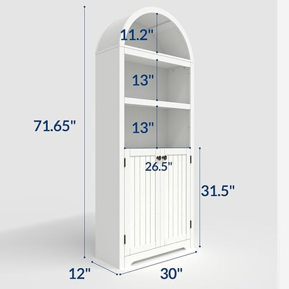 GAOMON 72'' Tall Arched Cabinet, 5 Tier Arched Bookshelf with Double Doors & Adjustable Shelf, Wooden Bookcase with Storage for Living Room, Bedroom, Study, Kitchen, Home Office, White