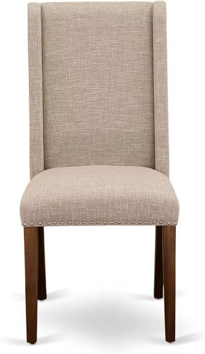 NEFL5-AWA-04-5-Piece Dining Room Set Consists of a Wooden Table and 4 Light Tan Linen Fabric upholstered Chairs with Padded Chair Back - Antique Walnut Finish.