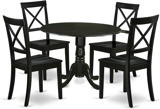 East West Furniture DLBO5-BLK-W 5 Piece Dinette Set for 4 Includes a Round Dining Room Table with Dropleaf and 4 Kitchen Dining Chairs, 42x42 Inch, Black