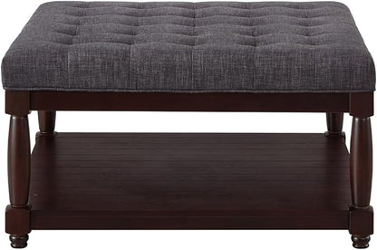 24KF Upholstered Square Coffee Table with Wooden Shelf, Tufted Button Large Square Ottoman with Spindle Wooden Legs, Linen Large Footrest Ottoman Pouf for Living Room, Dark Gray