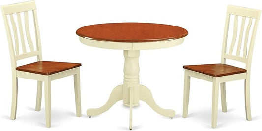 East West Furniture ANTI3-WHI-W 3 Piece Dining Table Set for Small Spaces Contains a Round Kitchen Table with Pedestal and 2 Dining Chairs, 36x36 Inch, Buttermilk & Cherry