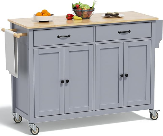 Rovibek Large Kitchen Island on Wheels with Storage 54 in Width Mobile Moveable Portable Rolling Wood Islandfor Kitchen Dining Room with Drawers Cabinet Spice Rack Towel Rack