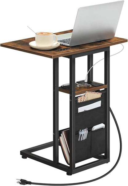 HOOBRO Foldable End Table with Charging Station, C Shaped Side Table with Storage Bag, Slide Under Sofa Couch Table for Small Spaces in Living Room, Bedroom, Easy Assembly, Rustic Brown BF101USF01