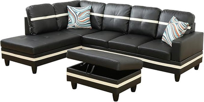 L Shaped Couch PU Leather Sectional Couch Upholstered 3 Pieces Sofas for Living Room with Chaise, Storage Ottoman for Office and Small Apartment, Black