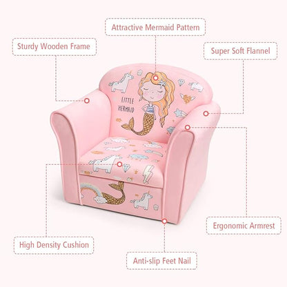 Costzon Kids Couch, Children's Sofa Armrest Chair with Pattern, Toddler Furniture w/Sturdy Wood Construction, Preschool, Lightweight Kids Couch Sofa Chair for Aged 1-5 Boys & Girls Gifts, Mermaid