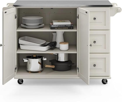 Homestyles Dolly Madison Rolling Mobile Kitchen Island with Storage and Towel Rack, 54 Inch Width, Off White
