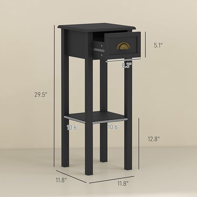 HOMCOM 2-Tier Side Table with Drawer, Narrow End Table with Bottom Shelf, for Living Room, Set of 2, Black