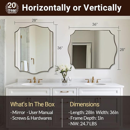 ANDY STAR Bathroom Mirror, 28x36 Inch Brushed Gold Vanity Mirror, Stainless Steel Metal Frame with Sophisticated Curved Design, Anti-Rust, Ideal for Bathroom, Living Room, Bedroom