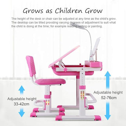 Kids Desk and Chair Set, Height Adjustable Children School Study Desk with Tilt Desktop, Bookstand, LED Lamp, Metal Hook and Storage Drawer for Boys Girls, Pink