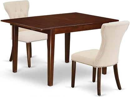 East West Furniture MLGA3-MAH-32 3 Piece Dining Room Table Set Contains a Rectangle Kitchen Table with Butterfly Leaf and 2 Light Beige Linen Fabric Parson Chairs, 36x54 Inch, Mahogany