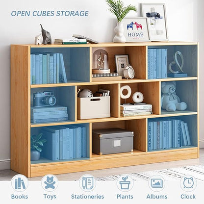 IOTXY Open Shelf Low Bookcase - Wooden 3-Tier Floor Standing Display Cabinet Organizer with Base, 5 Cubes Short Horizontal Bookshelf in Tiffany-Green