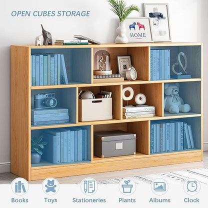 IOTXY Open Shelf Low Bookcase - Wooden 3-Tier Floor Standing Display Cabinet Organizer with Base, 5 Cubes Short Horizontal Bookshelf in Bright Blue