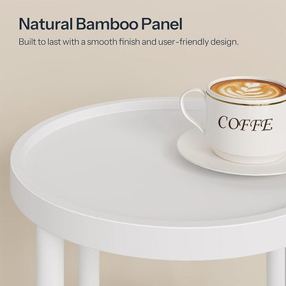 HOOBRO Set of 2 Small Round Side Tables with Charging Station, 3-Tier Round Bamboo End Tables, Easy Assembly, for Living Room, Bedroom, Apartment, White WT152UBZP201