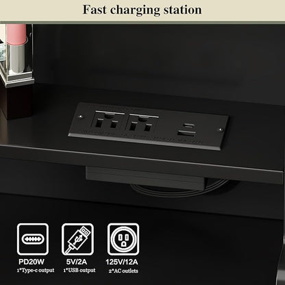 Large Makeup Vanity Desk with Mirror and Lights, Vanity Desk with 8 Drawers & Storage Shelves, Vanity Table with Power Outlet, 3 Color Modes & Adjustable Brightness Dressing Table, Bedroom,Black