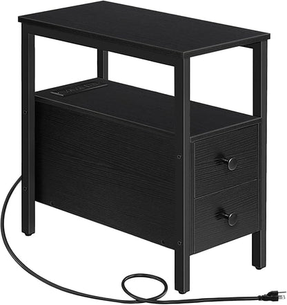 HOOBRO End Table with Charging Station, Narrow Side Table with 2 Drawer & USB Ports & Power Outlets, Nightstand for Small Spaces, Stable and Sturdy, for Living Room, Bedroom, Black BK541BZ01