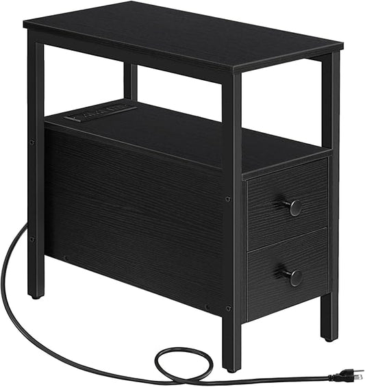 HOOBRO End Table with Charging Station, Narrow Side Table with 2 Drawer & USB Ports & Power Outlets, Nightstand for Small Spaces, Stable and Sturdy, for Living Room, Bedroom, Black BK541BZ01